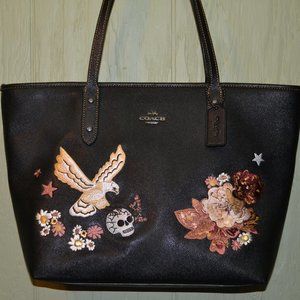 Coach City Zip Tote Tattoo Embroidered Flower Skull Bird Star Bag